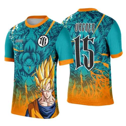 Camisa com frente em azul turquesa e laranja com figura de Goku Super Saiyajin, símbolo preto e branco e texto SOCCER; costas com número 15 e nome VICNER, fundo azul com chamas laranja.