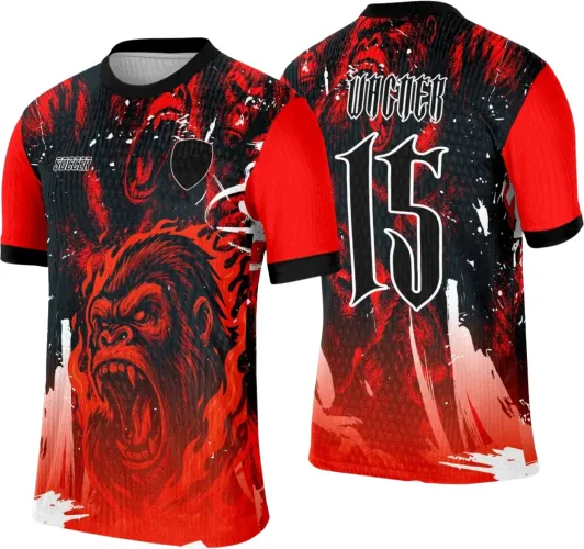 Camisa com frente mostrando gorila vermelho feroz em chamas, fundo preto e branco, mangas vermelhas e texto Soccer. Costas com vários gorilas vermelhos, número 15 grande e textos Jogador e Inter Classe.