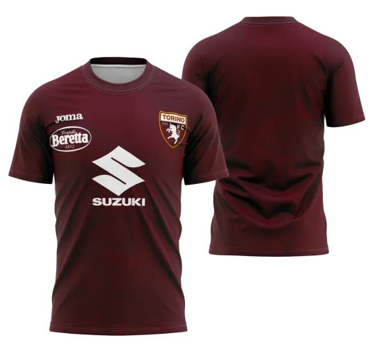 Camisa grená com escudo Torino FC no peito esquerdo e logos Joma, Fratelli Beretta e Suzuki em branco na frente, costas sólidas em grená sem detalhes ou textos adicionais