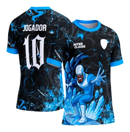Camisa preta com gola e punhos azuis, frente com super-herói azul em pose dinâmica e cristais de gelo, texto 'INTER CLASSE' e escudo branco; costas com 'JOGADOR' e número 10 em branco.