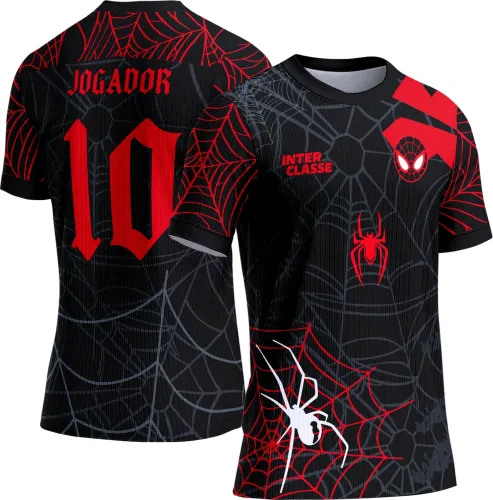 Camisa preta com arte do Homem-Aranha em vermelho e cinza, teias e aranha vermelha na frente, rosto estilizado no peito, e nas costas o número 10 e a palavra JOGADOR em vermelho com teias vermelhas.