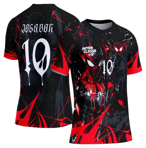 Camisa preta com Homem Aranha vermelho em destaque na frente, texto INTER CLASSE e número 10 branco borrado. Costas têm o nome JOGADOR e número 10 em branco com detalhes vermelhos e pretos ao redor.