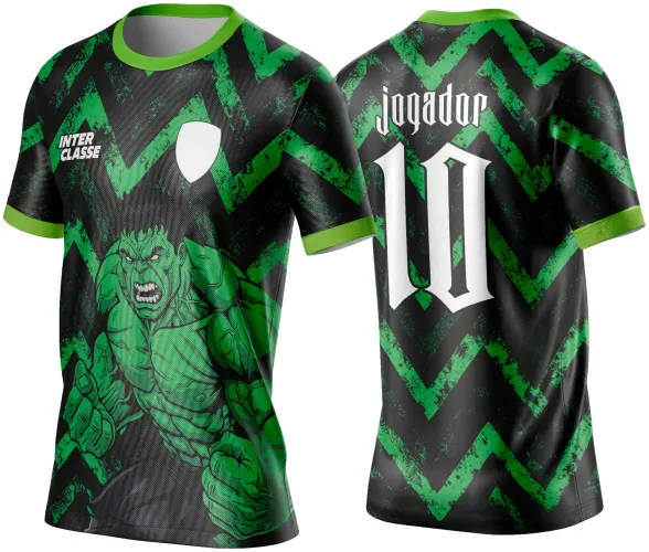 Camisa com arte do Hulk na frente em verde, zigue-zague verde e preto no fundo, texto INTER CLASSE e escudo branco. Nas costas texto JOGADOR e número 10 em branco grande, gola e punhos verdes.