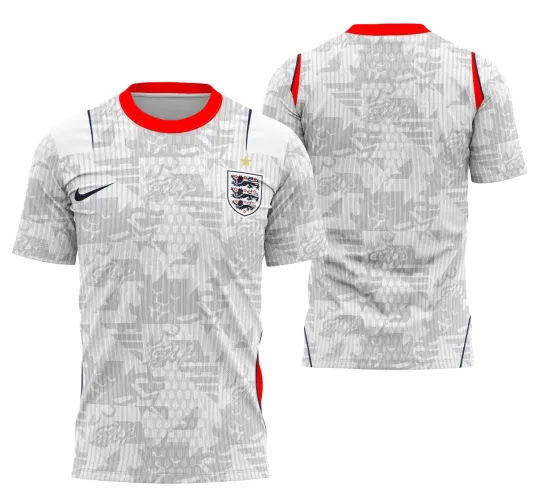 Camisa branca com textura de padrões geométricos cinza na frente e costas, gola vermelha, escudo com leões à esquerda do peito, logo Nike azul à direita e detalhes azuis nas laterais das mangas