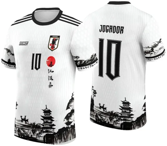 Camisa branca com gola preta e detalhes em preto. Frente com número 10, escudo JFA e kanji com círculo vermelho. Mangas têm desenho oriental e texto japonês. Costas mostram nome JOGADOR e número 10 grandes em preto.
