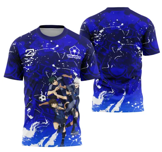 Camisa com frente azul e figuras de quatro jogadores de anime de futebol em ação, com textos INTER CLASSE, JOGADOR, e números 8, 10, 7 e 19. Costas com fundo azul degradê e figura sombreada do jogador 19 em destaque.