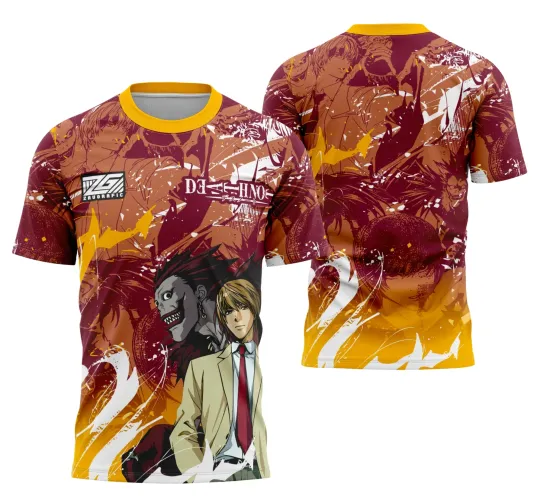 Camisa com arte vibrante em tons terrosos de marrom, amarelo e vermelho; na frente, Light Yagami ao lado de Ryuk e textos DEATH NOTE e logo ZAUGRAFIC; nas costas, Light segurando maçã com Ryuk ameaçador ao lado.