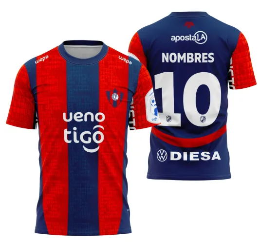 Camisa com listras azul e vermelhas na frente, escudo no peito, textos 'ueno' e 'tigo'. Costas azuis com faixa vermelha inferior, número 10 grande e nome 'NOMBRES', além dos patrocínios 'aposta.LA' e 'DIESA'.