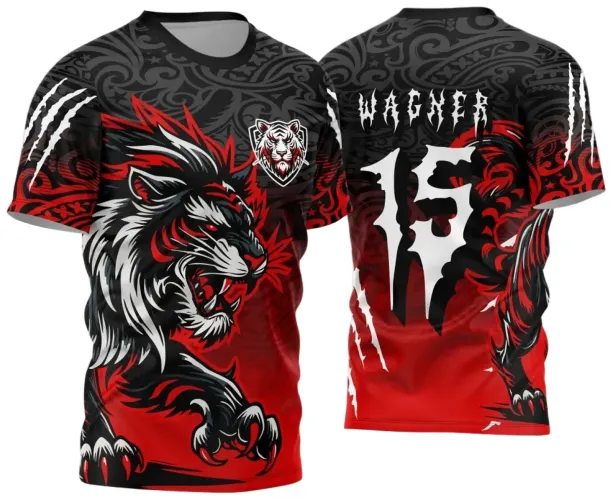 Camisa preta e vermelha com lobo agressivo em destaque na frente, escudo de tigre ao peito; costas com nome WAGNER e número 15 em branco, fundo com arabescos, detalhes de garras nas mangas e degradês vermelhos.