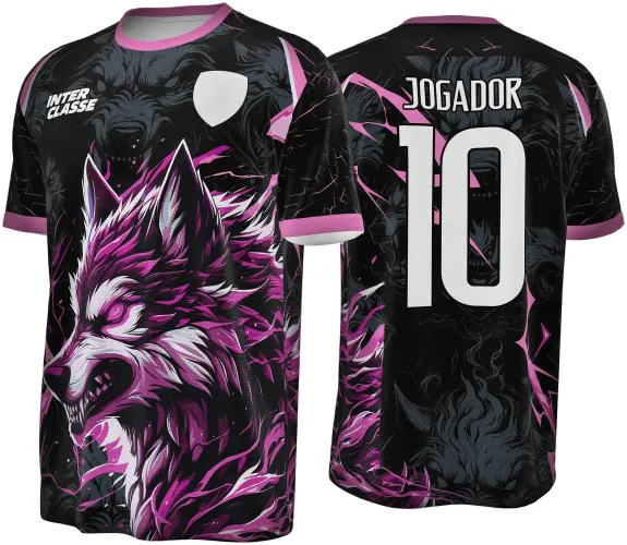 Camisa preta com lobo roxo agressivo na frente, detalhes em rosa na gola e mangas, texto INTER CLASSE e escudo branco. Costas com lobo cinza com raios rosa, número 10 e texto JOGADOR em branco.