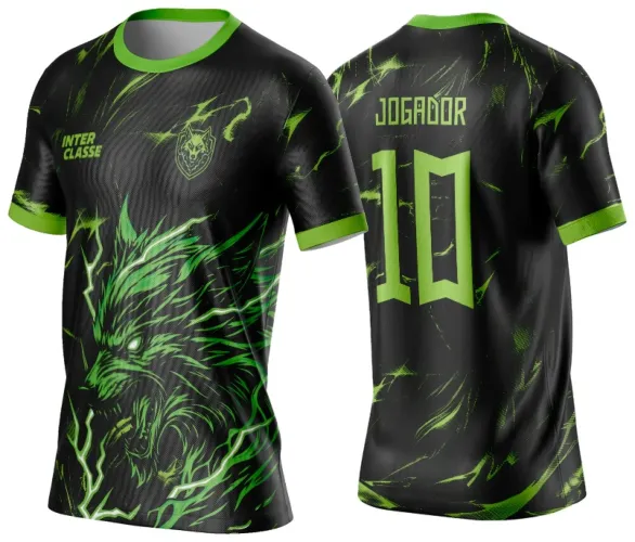 Camisa preta com gola e punhos verdes neon, frente com desenho imponente de lobo verde neon e texto INTER CLASSE, costas com número 10 e texto JOGADOR em verde neon com detalhes gráficos abstratos