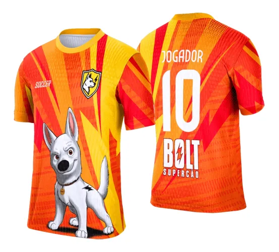 Camisa com figura de cachorro branco com coleira na frente, fundo em vermelho, laranja e amarelo com padrões geométricos; costas com número 10, texto Jogador e Bolt Supercão em branco.