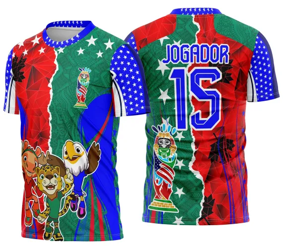 Camisa na frente com mascotes alce, onça e águia sobre fundo dividido em verde, vermelho e azul com estrelas brancas. Nas costas, o número 15 e a palavra JOGADOR em destaque, junto ao troféu colorido e detalhes nas cores da arte.