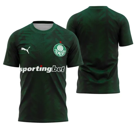 Camisa verde escura com preto e degradê geométrico, escudo do Palmeiras com estrela vermelha na frente, logo Puma branca e texto sportingbet em destaque. Costas com o mesmo padrão de cores e sem textos adicionais.