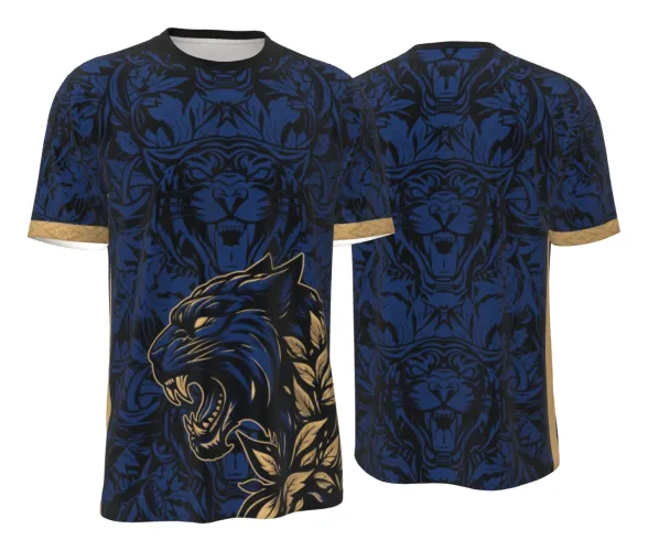 Camisa com estampa de pantera azul escura e dourada na frente, fundo com padronagem de panteras azuis e pretas, mangas com punhos dourados e texto 'INTER CLASSE 26 JOGADOR' na parte frontal superior.