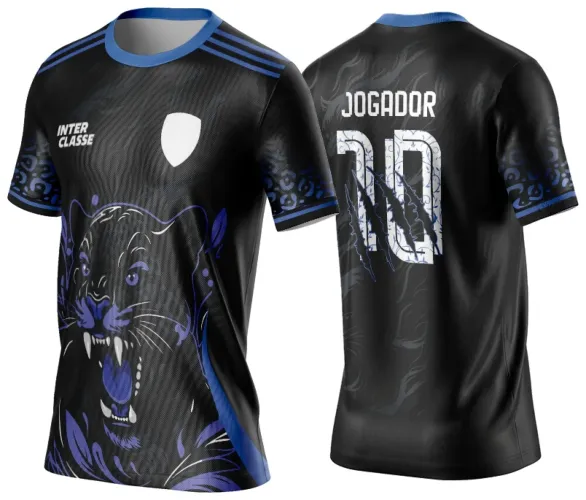 Camisa preta com detalhes em azul royal. Na frente, rosto agressivo de pantera preta e azul com texto INTER CLASSE e escudo branco. Mangas com padrão azul e costas exibem nome JOGADOR e número 10 em branco com detalhes azuis.