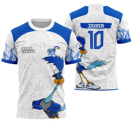 Camisa branca com área azul nos ombros, com figura do Papa-Léguas azul usando tênis e colete, detalhe 'INTER CLASSE' na frente e nas costas texto 'JOGADOR' e número 10 em azul.