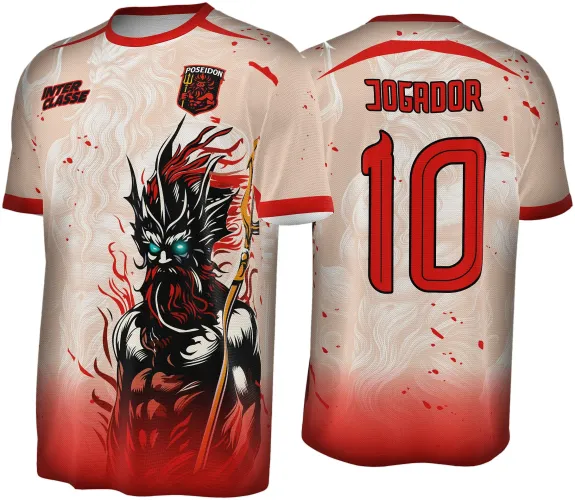 Camisa com frente creme e degradê vermelho, ilustração imponente de Poseidon com olhos azuis e tridente dourado; costas em creme com degradê vermelho, texto vermelho JOGADOR e número 10.