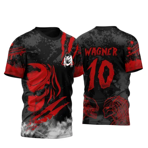 Camisa com frente preta e vermelha mostrando garras e rosto do Predador, costas com nome WAGNER e número 10 em vermelho, estampa do Alien e Predador em vermelho na base contra fundo preto com detalhes em fumaça branca.