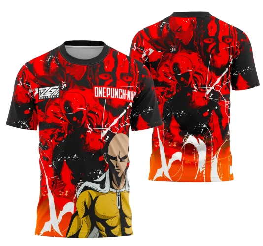 Camisa vermelha e preta com figura de personagem careca em roupa amarela na frente e pose imponente nas costas, texto ONEPUNCH-MAN e logo Z3L GRAFIC na frente, detalhes em degradê laranja na barra inferior