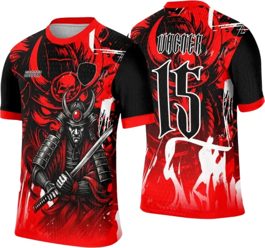 Camisa com frente vermelha e preta mostrando samurai em pose de ataque segurando espada. Costas apresentam número 15 e nome VIGIER, fundo com silhueta em branco e detalhes 'JOGADOR', 'INTER CLASSE', 'TERCEIRÃO'. Mangas pretas com detalhes vermelhos.