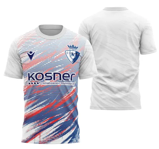 Camisa branca com listras horizontais azuis e vermelhas na frente, escudo azul e branco com coroa no peito direito e logo do fabricante e patrocinador em azul; costas brancas com padrão diagonal discreto em cinza claro.