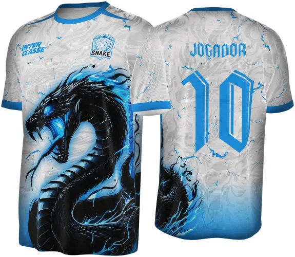 Camisa com pintura frontal de serpente preta com detalhes em azul vibrante, fundo branco com degradê azul e textos INTER CLASSE, SNAKE na frente, e número 10 com nome JOGADOR nas costas em azul.