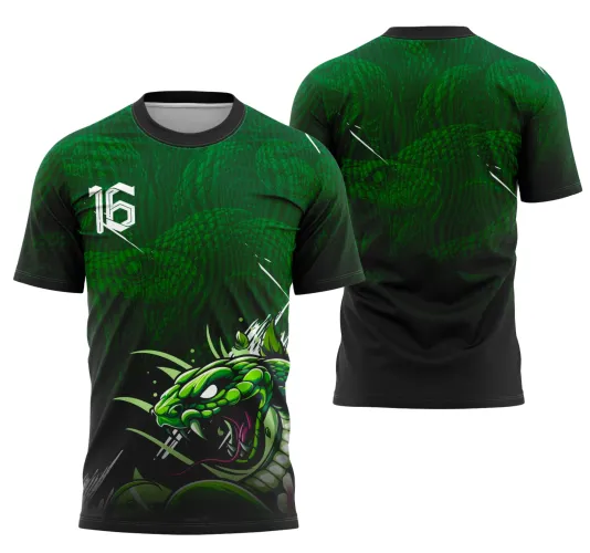 Camisa preta com degradê verde e serpente agressiva verde na frente no lado direito, número 16 no peito esquerdo e texto INTER CLASSE nas costas com padrão de escamas em verde escuro.