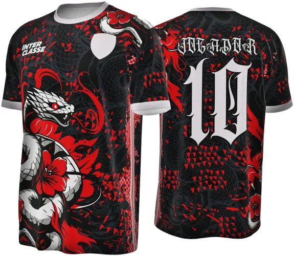 Camisa preta com estampa de serpente branca e vermelha na frente, texto INTER CLASSE e escudo branco. Costas exibem número 10 e JOGADOR em branco sobre fundo preto com detalhes em vermelho.