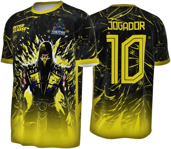 Camisa com arte do personagem Sub-Zero em preto e dourado, frente com pose de braços cruzados, detalhes de gelo e respingos amarelos, texto INTER CLASSE e logo SUBZERO, costas com número 10 amarelo e texto JOGADOR em fundo preto com degradê amarelo
