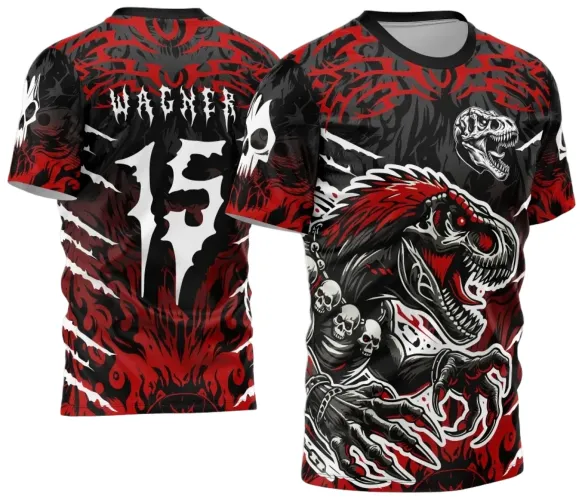 Camisa com feira T-Rex agressivo em preto, vermelho e branco com crânios e correntes na frente; costas com texto 'INTER CLASSE' e número 15 em destaque, fundo escuro com detalhes vermelhos e caveiras nas mangas.