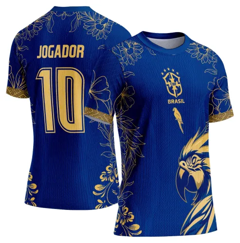 Imagem de uma camisa escolar com logo no peito e uma estampa grande nas costas destacando uma arara colorida em estilo vibrante e moderno, perfeita para eventos interclasses.