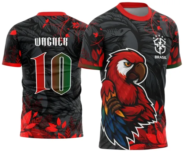 Camisa com logo no peito e estampa grande nas costas apresentando uma arara colorida em estilo vibrante e detalhado, ideal para eventos escolares e interclasses.