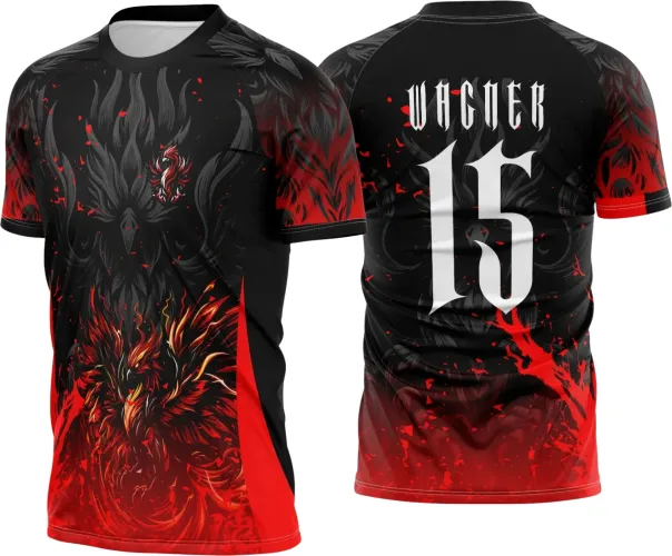 Camisa com logo no peito em destaque e estampa grande nas costas apresentando o tema Fênix, exibindo design vibrante e cores que simbolizam renascimento e união escolar.