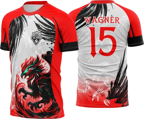 Camisa escolar com logo no peito e estampa grande nas costas mostrando a figura imponente da fênix em cores vibrantes, símbolo de renovação e superação para eventos interclasse.