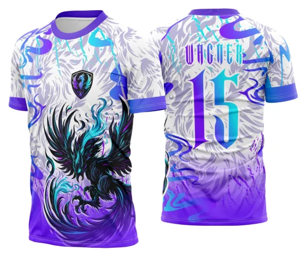 Camisa com logo no peito e estampa grande nas costas com design inspirado na figura da Fênix, em estilo vibrante e escolar, perfeita para eventos interclasse.
