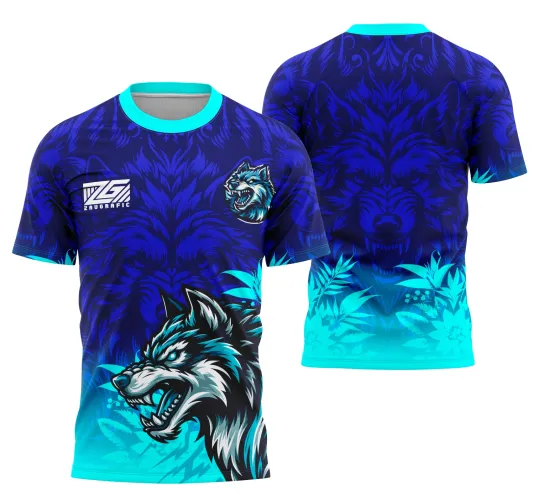 Imagem da camisa final mostrando logo no peito e estampa grande nas costas com o tema Lobo Escolar do Interclasse em cores vibrantes e estilo moderno.