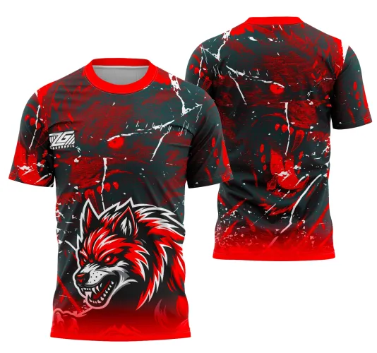 Camisa com logo no peito e grande estampa nas costas apresentando um lobo estilizado, combinando modernidade e espírito escolar em um design atraente para eventos interclasses e turmas escolares.