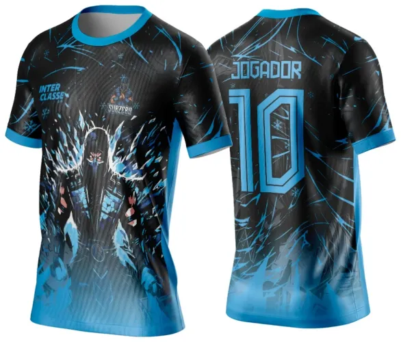 Camisa com fundo preto e degradê azul gelo, frente com ninja Subzero em pose de ataque ao centro e textos INTER CLASSE e SUBZERO, costas com o número 10 e nome JOGADOR em azul.