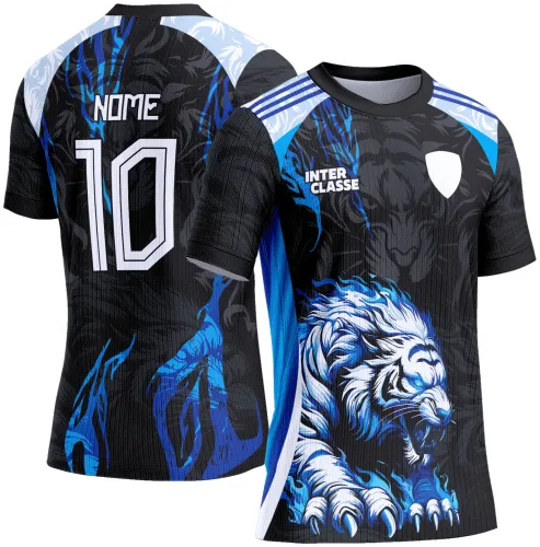 Camisa preta com detalhes em azul e branco, com tigre bengala branco e azul na frente e nome 'NOME' com número '10' nas costas, texto 'INTER CLASSE' no peito esquerdo e escudo branco no direito.