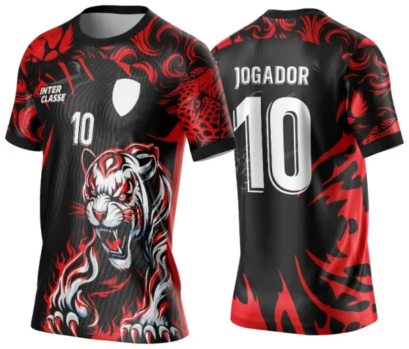 Camisa preta e vermelha com tigre branco feroz em destaque na frente, número 10 em branco e texto INTER CLASSE. Costas em preto e vermelho com padrão flamejante, número 10 grande e texto JOGADOR.