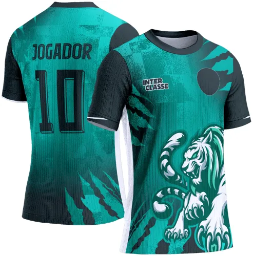 Camisa interclasse verde água com fundo texturizado, tigre branco frontal em pose forte, detalhes pretos, textos 'INTER CLASSE' no peito e 'JOGADOR 10' nas costas, com mangas pretas e laterais brancas.