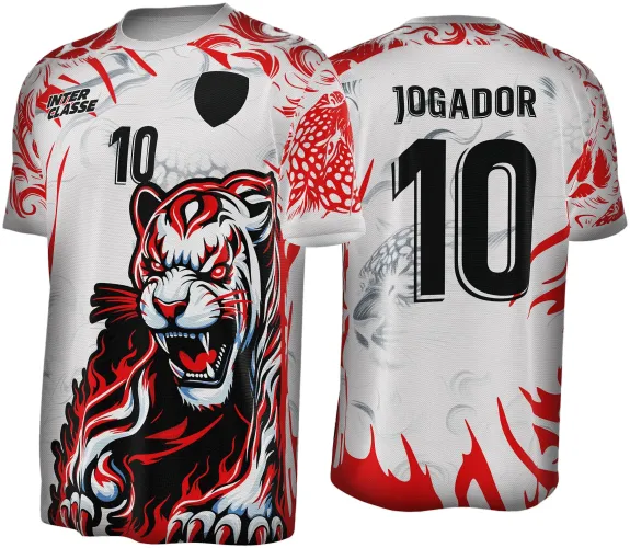 Camisa branca com arte de tigre feroz em vermelho, preto e branco na frente, número 10 e texto INTER CLASSE no peito, e nas costas texto JOGADOR com número 10 em preto, detalhes vermelhos nas mangas e parte inferior.