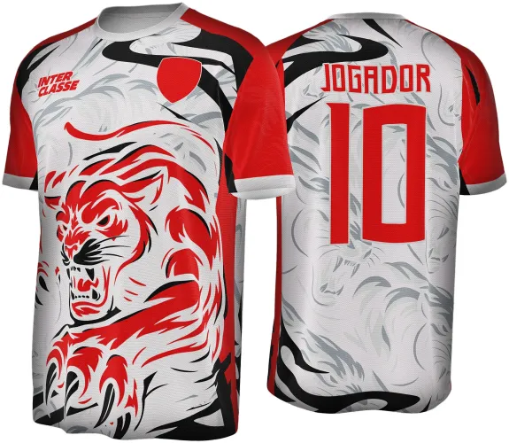 Camisa com tigre vermelho feroz na frente sobre fundo branco e detalhes pretos, texto INTER CLASSE e escudo vermelho sem detalhes; costas em branco com sombras cinzas de tigres, número 10 e palavra JOGADOR em vermelho.