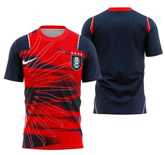 Camisa com frente vermelha e detalhes em preto e azul marinho formando uma grande mão estilizada, escudo AUF e logo NIKE em branco, costas azul marinho com padrão tonal, gola vermelha e faixas vermelhas nas mangas.