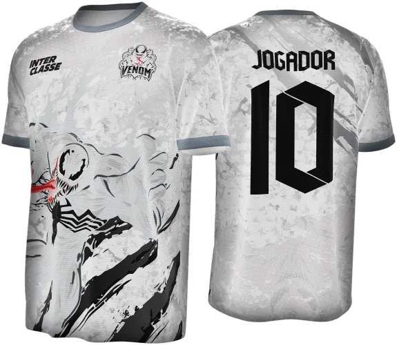 Camisa com fundo cinza claro e branco, frente com grande desenho preto e branco do Venom com língua vermelha, textos INTER CLASSE e VENOM. Costas com número 10 em preto e texto JOGADOR, gola e punhos cinza escuro.