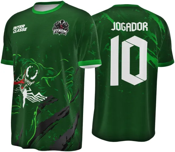 Camisa verde com gola e punhos verdes claros. Na frente, figura do Venom em destaque, texto INTER CLASSE e logo Venom. Nas costas, número 10 e texto JOGADOR em branco sobre fundo verde escuro com detalhes pretos.