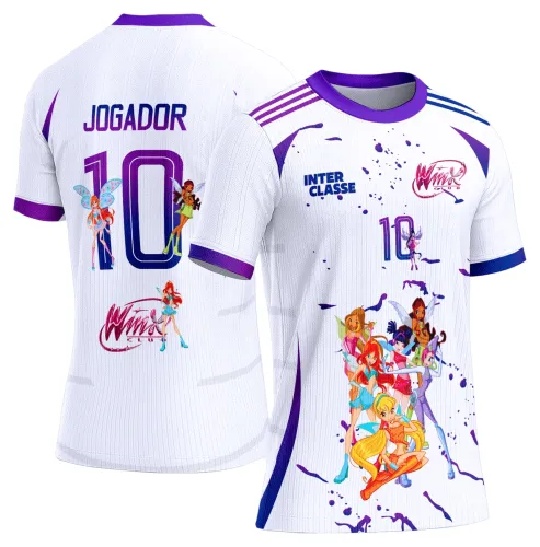Camisa branca com gola roxa com grupo de fadas Winx coloridas na frente, texto INTER CLASSE e número 10, costas com nome JOGADOR e número 10 com duas fadas Winx e logo Winx Club