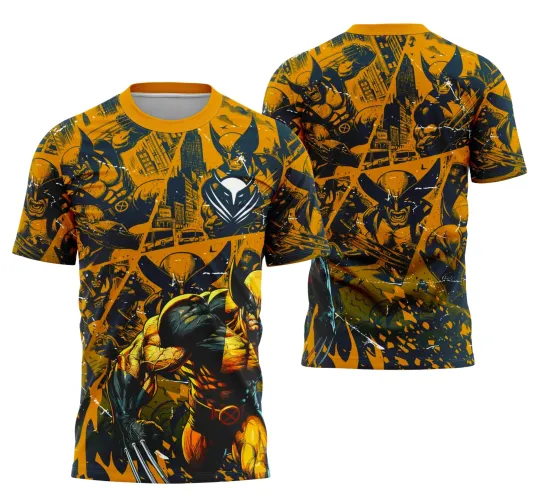 Camisa na cor laranja com estampa do Wolverine em destaque na frente com garras, fundo urbano em preto com vários desenhos do mascote nas costas e textos 'JOGADOR', 'INTER CLASSE', 'TERCEIRÃO' e número 7