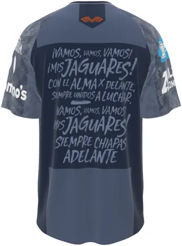 Camisa Jaguares de Chiapas cinza, frente e costas, com escudo do clube e patrocinadores no mockup
